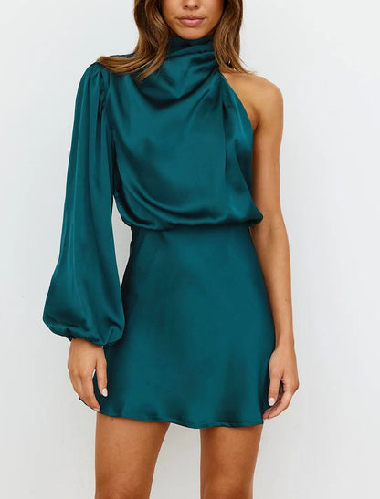 Suknie dla gości weselnych w kształcie litery A Suknia wieczorowa Sweet 16 Półformalna z trenem typu sweep Długi rękaw Wysoki dekolt Elastyczna satyna Odkryte plecy z marszczeniami