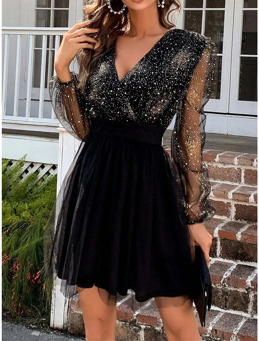Women‘s Little Black Dress Sexy Dress Party Dress Homecoming Dress Mini Dress Long Sleeve Color Block Ruched Fall Winter Autumn V Neck Fashion Winter Dress