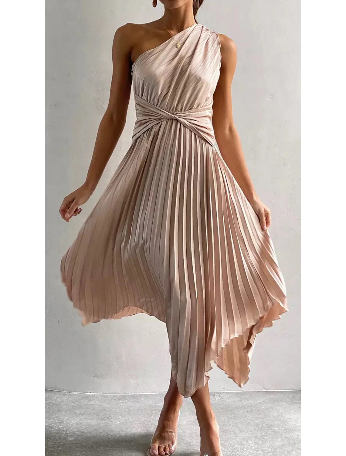 Vestidos de invitada de boda de corte A, vestido de corsé, vestido de fiesta, fiesta de bodas, largo hasta la rodilla, sin mangas, un hombro, poliéster con fruncido