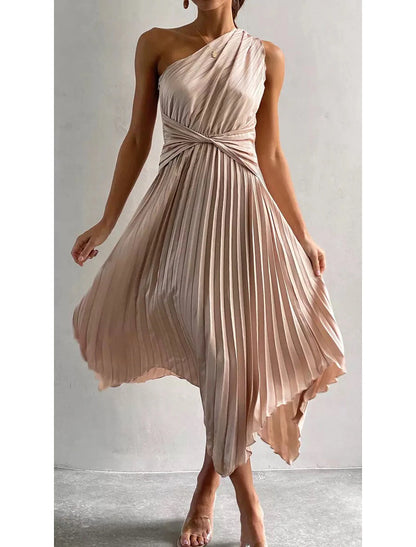 Vestidos de invitada de boda de corte A, vestido de corsé, vestido de fiesta, fiesta de bodas, largo hasta la rodilla, sin mangas, un hombro, poliéster con fruncido