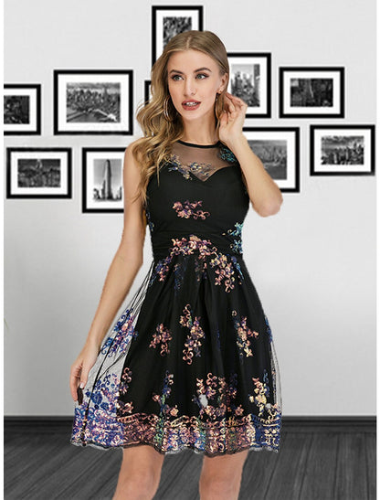 Vestido de cóctel de fiesta con escote ilusión, sin mangas, corto/mini, de tul con pliegues y lentejuelas, con espalda hermosa y brillante, corte A