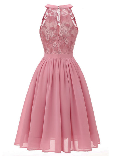 A-Line Cocktail Dresses Vintage Dress Party Wear Knee Length Sleeveless Jewel Neck Lace with Lace Insert Pattern / Print