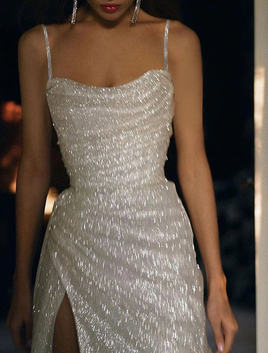 Suknie balowe syrena / trąbka Błyszcząca sukienka Gość weselny Wesele Długość do podłogi Bez rękawów Okrągły dekolt Jesienne przyjęcie weselne Tiul z marszczeniami