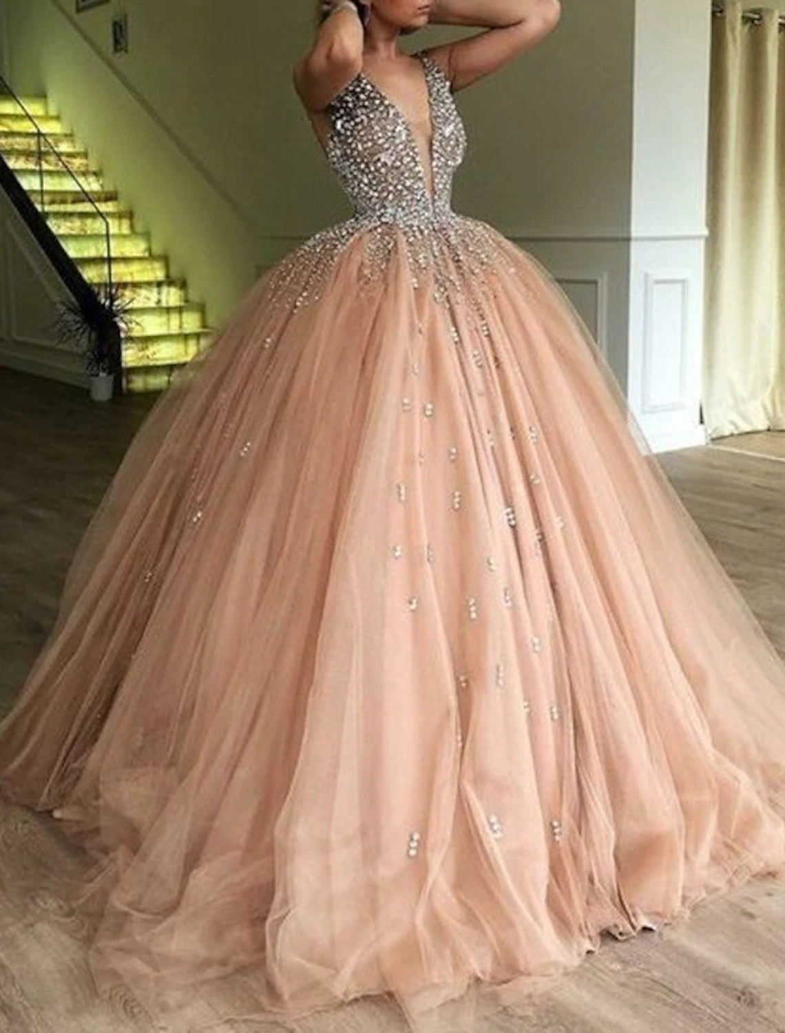 Vestido de noche con brillo y pedrería, para quinceañeras, largo hasta el suelo, sin mangas, escote en V, satén con cristales y lentejuelas.