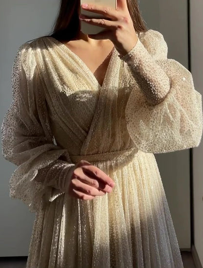 Vestidos de fiesta de corte A, brillantes, formales, de lazo negro, hasta el suelo, manga larga, cuello en V, para invitados de boda de otoño, tul con fruncido