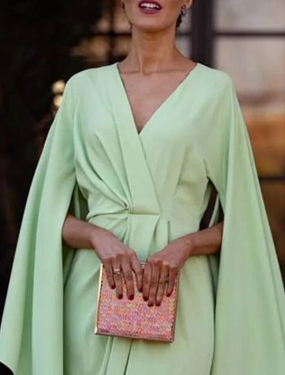 Vestidos de invitada de boda de tubo/columna Vestido elegante Vestido de fiesta de cóctel Vestido de fiesta de boda Asimétrico Manga larga Cuello en V Vestido de invitada de boda de otoño de gasa con fruncido