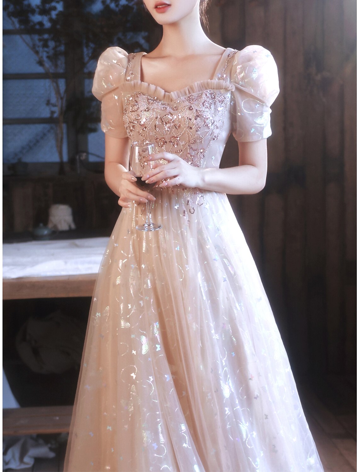 A-Line Prom Dresses Sparkle & Shine Dress Party Wear Prom Floor Length Half Sleeve Sweetheart Satin with Appliques Strappy