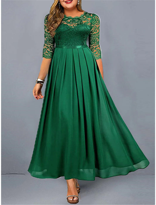 Women's Plus Size Green Chirstmas Dress Curve Party Dress Lace Dress Homecoming Dress Solid Color Long Dress Maxi Dress 3/4 Length Sleeve Lace Crew Neck Modern Party Black Wine Summer Spring
