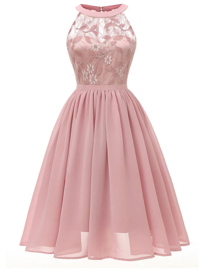 A-Line Cocktail Dresses Minimalist Dress Party Wear Short / Mini Sleeveless Halter Lace with Pleats