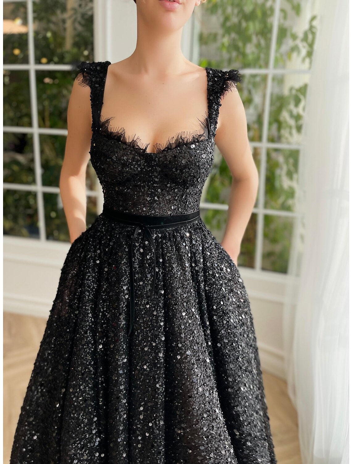 A-Line Prom Black Dress Plus Size Vintage Dress Masquerade Party Wear Ankle Length Sleeveless Strapless Wednesday Addams Family Lace with Glitter Sequin