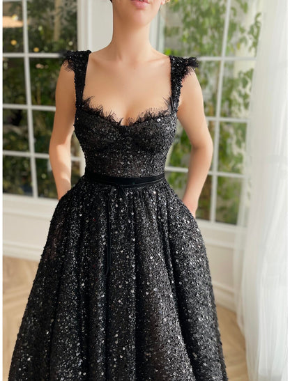A-Line Prom Black Dress Plus Size Vintage Dress Masquerade Party Wear Ankle Length Sleeveless Strapless Wednesday Addams Family Lace with Glitter Sequin