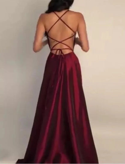 Vestido de dama de honor de satén con corte en A, para invitada de boda, sexy, para graduación, lazo negro, largo hasta el suelo, sin mangas, con tirantes finos y abertura