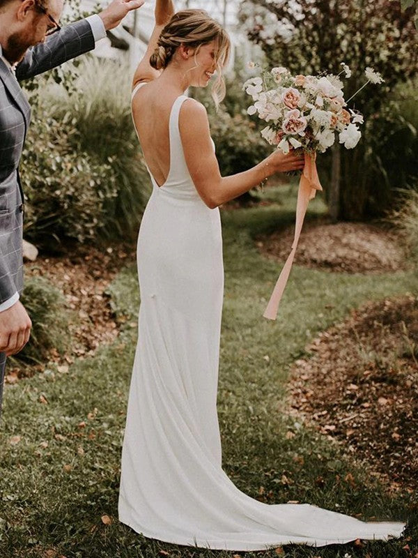 Sheath/Column Stretch Crepe Ruched Jewel Sleeveless Sweep/Brush Train Wedding Dresses