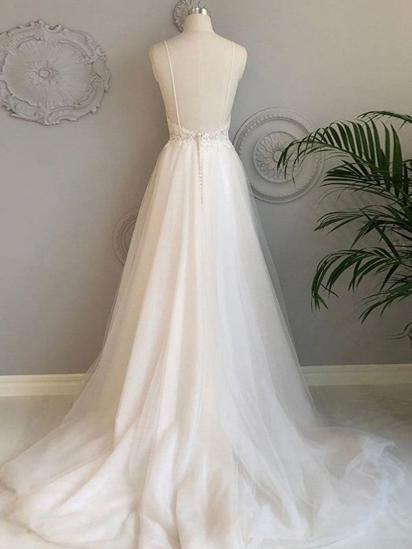 A-Line/Princess Tulle Applique V-neck Sleeveless Sweep/Brush Train Wedding Dresses