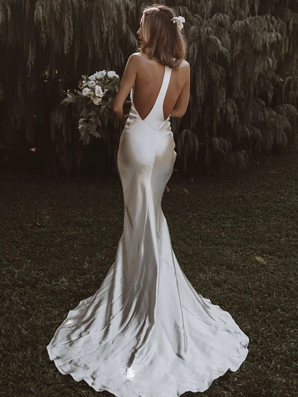 Trumpet/Mermaid Taffeta Halter Sleeveless Sweep/Brush Train Wedding Dresses