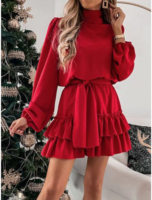 Women's Red Christmas Party Dress Homecoming Dress Cocktail Dress Black Red Green Long Sleeve Lace up Stand Collar Fashion Winter Dress