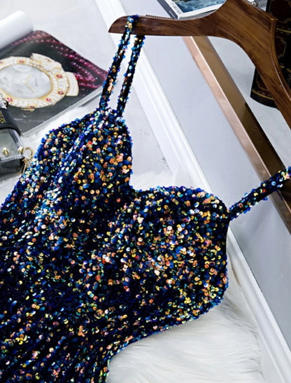 Vestido de cóctel de fiesta con brillo y línea A, tirantes finos, sin mangas, largo hasta la rodilla, con lentejuelas