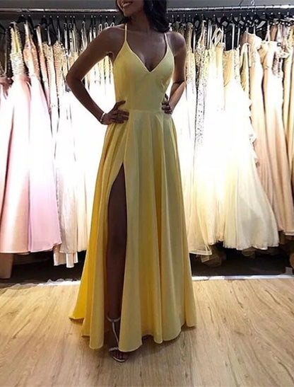 Vestido de dama de honor de satén con corte en A, para invitada de boda, sexy, para graduación, lazo negro, largo hasta el suelo, sin mangas, con tirantes finos y abertura