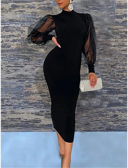 Sheath / Column Wedding Guest Dresses Elegant Dress Party Wear Semi Formal Tea Length Long Sleeve High Neck Stretch Chiffon with Pure Color