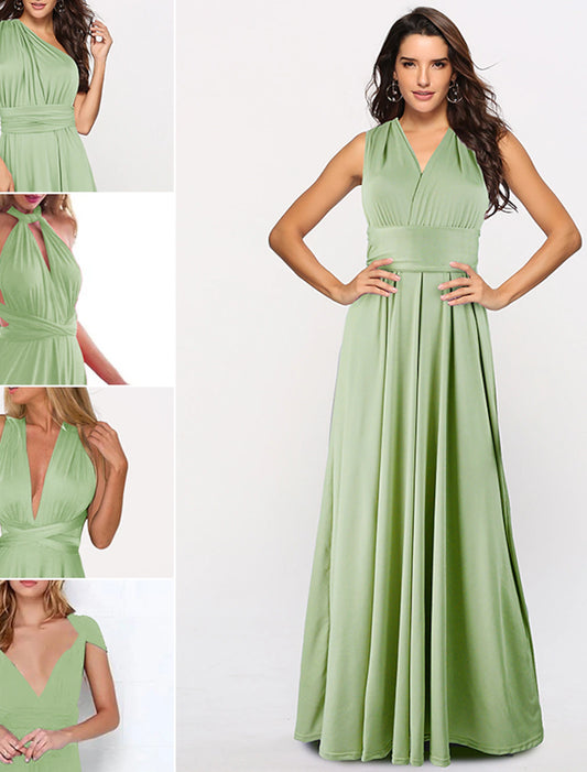 A-Line Convertible Holiday Prom Birthday Dress Halter Neck Backless Crisscross Back V Back Sleeveless Floor Length Stretch Satin with Sash / Ribbon Pleats
