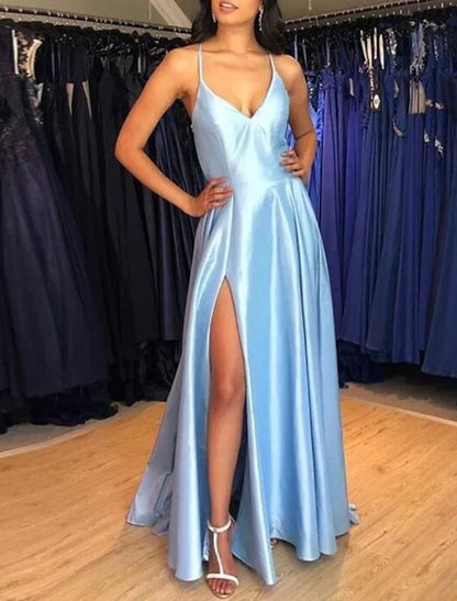 Vestido de dama de honor de satén con corte en A, para invitada de boda, sexy, para graduación, lazo negro, largo hasta el suelo, sin mangas, con tirantes finos y abertura