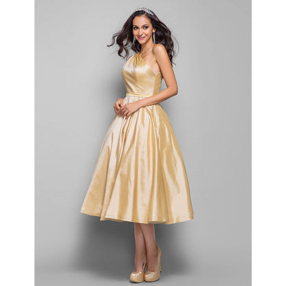 A-Line Minimalist Elegant Cocktail Party Wedding Party Dress One Shoulder Sleeveless Tea Length Taffeta with Sash / Ribbon
