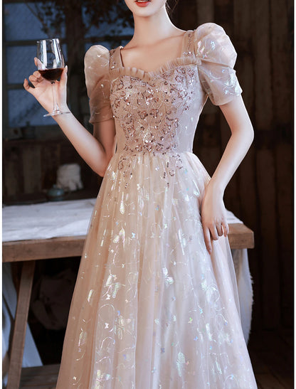 A-Line Prom Dresses Sparkle & Shine Dress Party Wear Prom Floor Length Half Sleeve Sweetheart Satin with Appliques Strappy