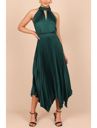 A-Line Party Dresses Casual Dress Homecoming Wedding Guest Asymmetrical Sleeveless Halter Neck Satin with Pleats