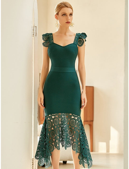 A-Line Wedding Guest Dresses Cut Out Dress Birthday Fall Asymmetrical Sleeveless Square Neck Lace with Ruffles