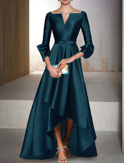 Vestido de noche elegante de corte A, vestido navideño rojo y verde, vestido formal para invitada de boda, largo hasta el suelo, manga 3/4, escote en V, satén con lazo(s).
