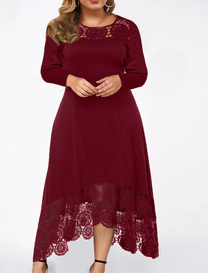 Vestidos de cóctel de corte A, talla grande, para fiesta, para invitados de boda, largo hasta el tobillo, manga larga, cuello joya, licra, con inserción de encaje, color puro