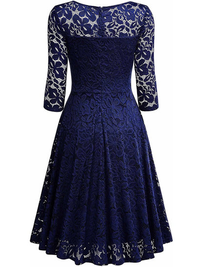 A-Line Cocktail Dresses Vintage Dress Party Wear Cocktail Party Knee Length Half Sleeve V Neck Lace with Pleats
