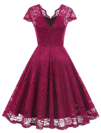 Women's Vintage Dress Party Dress Lace Dress Mini Dress Light Yellow Black Pink Short Sleeve Pure Color Lace Spring Fall Winter V Neck Vintage Christmas Wedding Guest Birthday