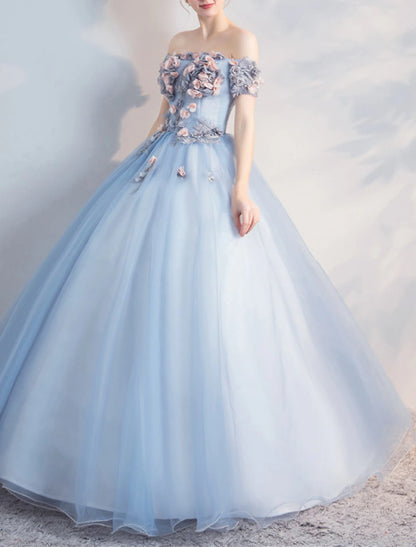Ball Gown Floral Puffy Quinceanera Prom Dress Off Shoulder Short Sleeve Floor Length Polyester with Appliques Pure Color