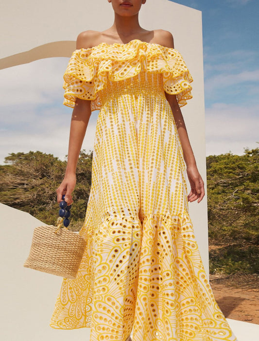 Vestido de novia de corte A, informal, para vacaciones, verano, largo hasta los tobillos, manga corta, hombros descubiertos, poliéster, con volantes y bordado