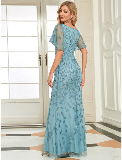 Vestido de noche de sirena/trompeta con brillo, vestido formal de cóctel, fiesta, largo hasta el suelo, manga corta, cuello en V, para invitados de boda de otoño, tul con lentejuelas