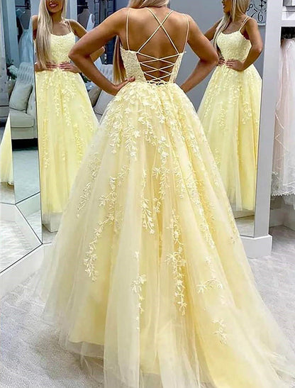 A-Line Prom Dresses Floral Dress Formal Wedding Guest Chapel Train Sleeveless Spaghetti Strap Tulle with Appliques