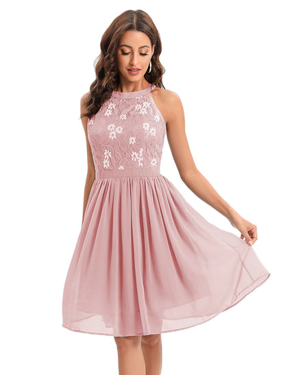 A-Line Cocktail Dresses Vintage Dress Party Wear Knee Length Sleeveless Jewel Neck Cotton Blend with Lace Insert Pattern / Print Splicing