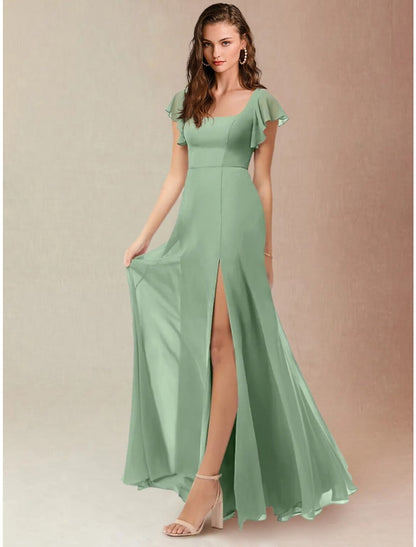 Vestido de dama de honor de corte A, escote cuadrado, manga corta, elegante, largo hasta el suelo, de gasa con abertura frontal y fruncido.