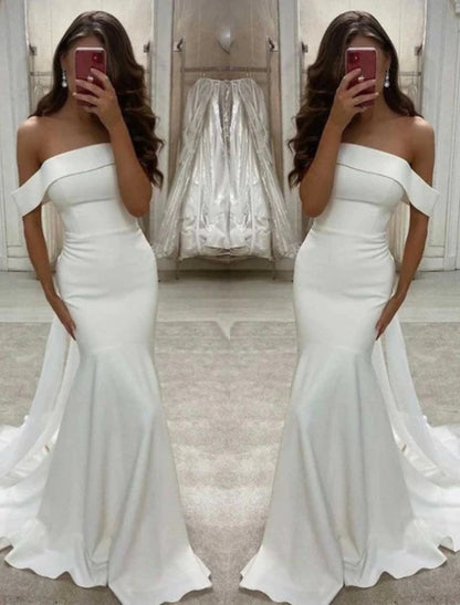 Vestidos de novia sexys de recepción, corte sirena/trompeta, hombros descubiertos, mangas casquillo, cola larga/cepillo, tela elástica, color sólido