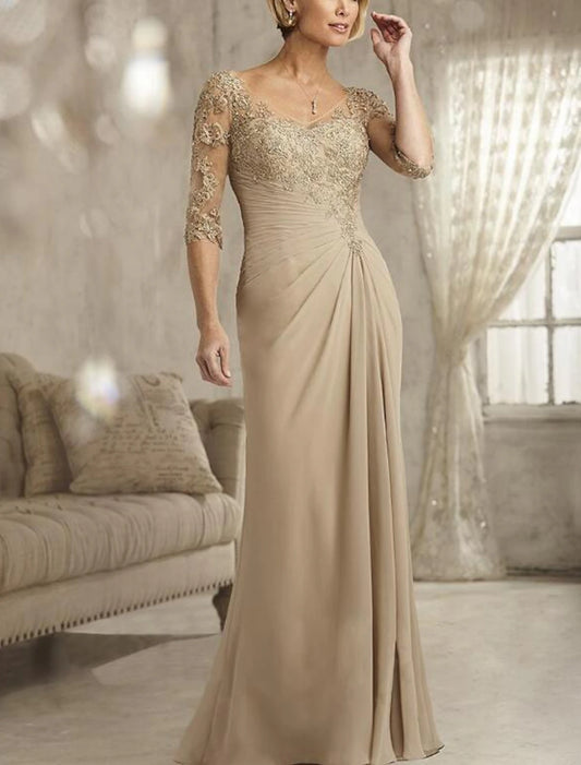 Vestido de noche elegante de sirena/trompeta, para compromiso, largo hasta el suelo, manga 3/4, escote en V, para invitada de boda de otoño, de gasa con pliegues y fruncido.