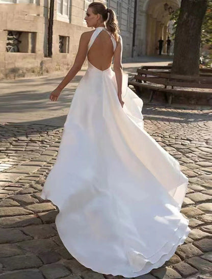 Vestidos de novia informales con espalda descubierta y corte A, estilo halter, sin mangas, con cola de corte, de satén, para verano y otoño.