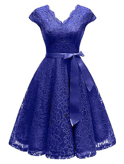 A-Line Cocktail Dresses Vintage Dress Wedding Guest Graduation Knee Length Short Sleeve V Neck Lace V Back with Sash / Ribbon Pleats