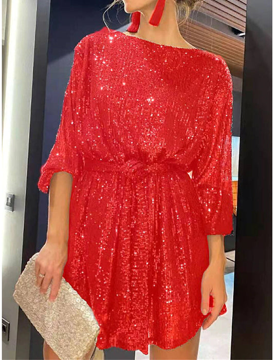 Women‘s Sequin Dress Party Dress Sparkly Dress Black Dress Homecoming Cocktail Dress Mini Dress Silver White Long Sleeve Sparkly Glitter Lace up Winter Dress