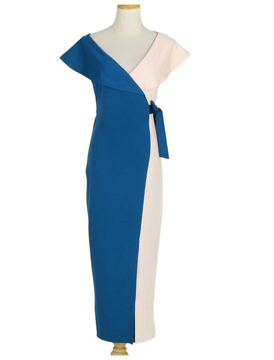 Vestido de cóctel ajustado con corte en forma de tubo/columna, para fiesta, largo hasta la rodilla, manga corta, cuello en V, tejido elástico con pliegues.