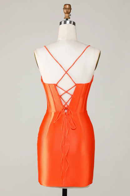 Amzcw Sparkly Orange Beaded Corset Tight Short Homecoming Dress