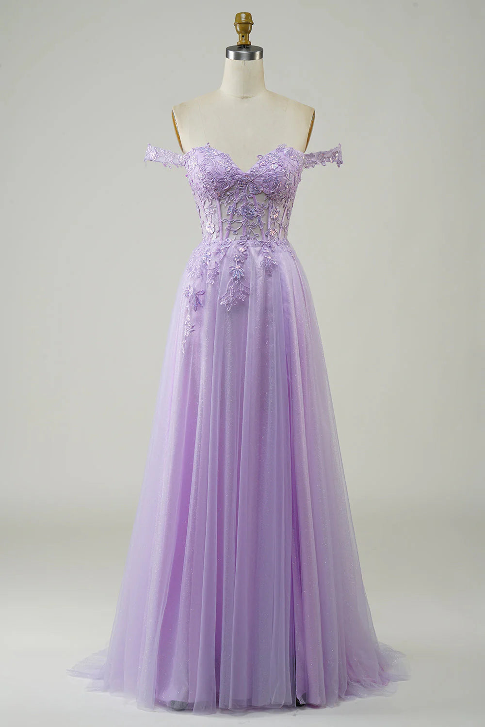 Amzcw Purple A-Line Off The Shoulder Long Corset Tulle Prom Dress with Lace