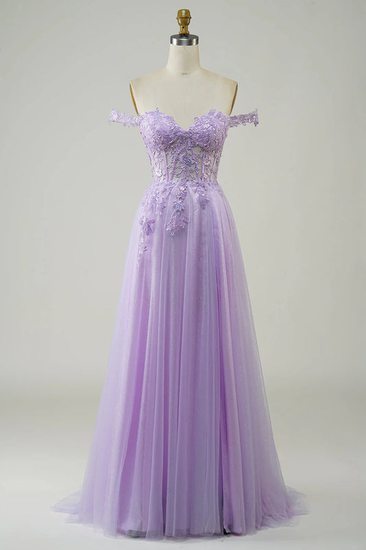 Amzcw Purple A-Line Off The Shoulder Long Corset Tulle Prom Dress with Lace