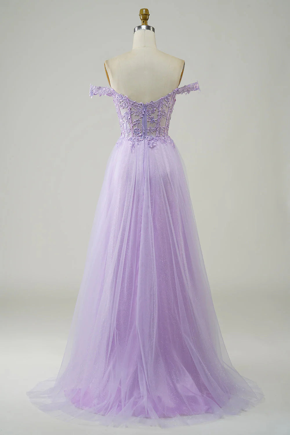 Amzcw Purple A-Line Off The Shoulder Long Corset Tulle Prom Dress with Lace