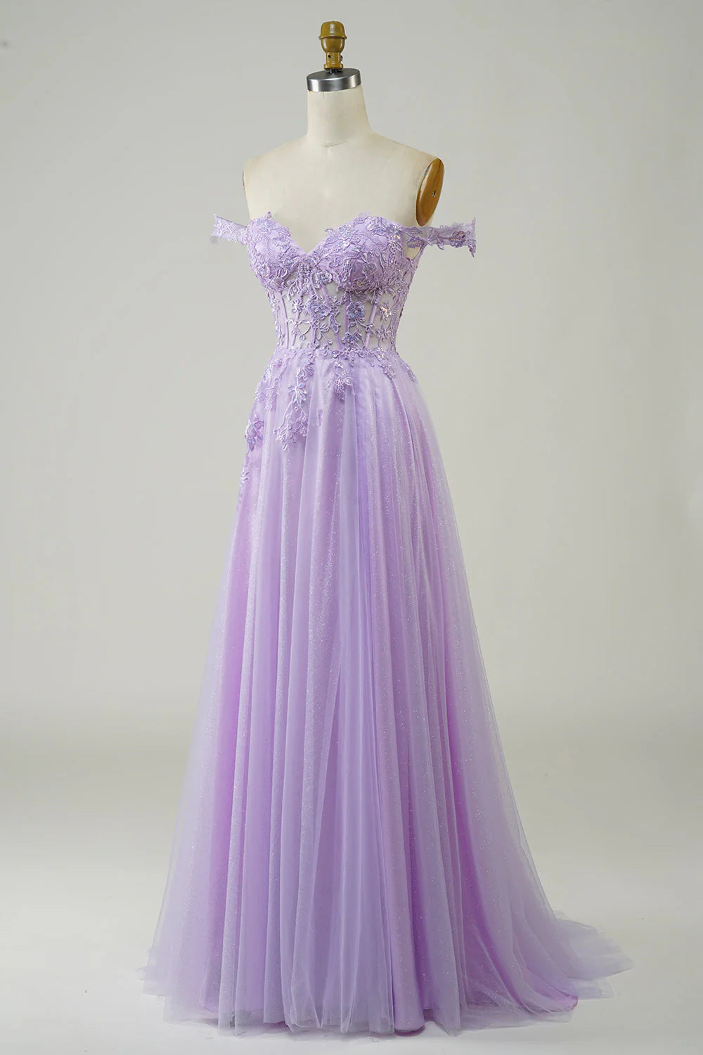 Amzcw Purple A-Line Off The Shoulder Long Corset Tulle Prom Dress with Lace